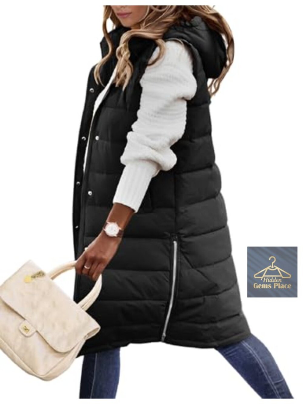 Long Puffer Vest Hooded Zip Up Sleeveless Winter Warm Coat